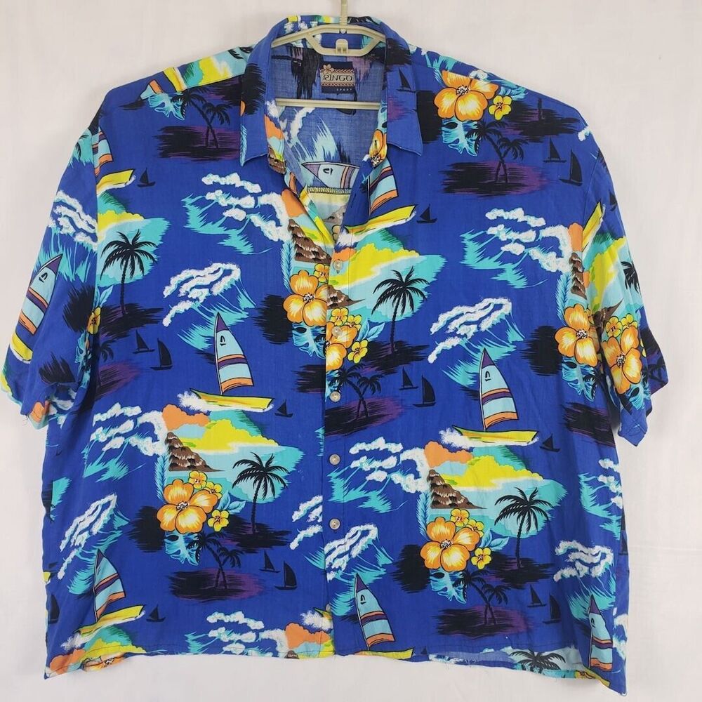 Ringo Sport Hawaiian Shirt Mens 4X Blue  Button Front Palm Trees Floral Vintage